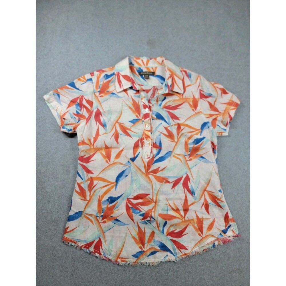 Tommy Bahama Linen Shirt Womens M Button Floral Red Orange Bird Pariladise Beach